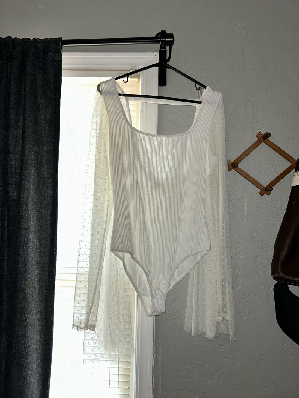 White Long-Sleeve Sheer Sleeve Ribbed Bodysuit